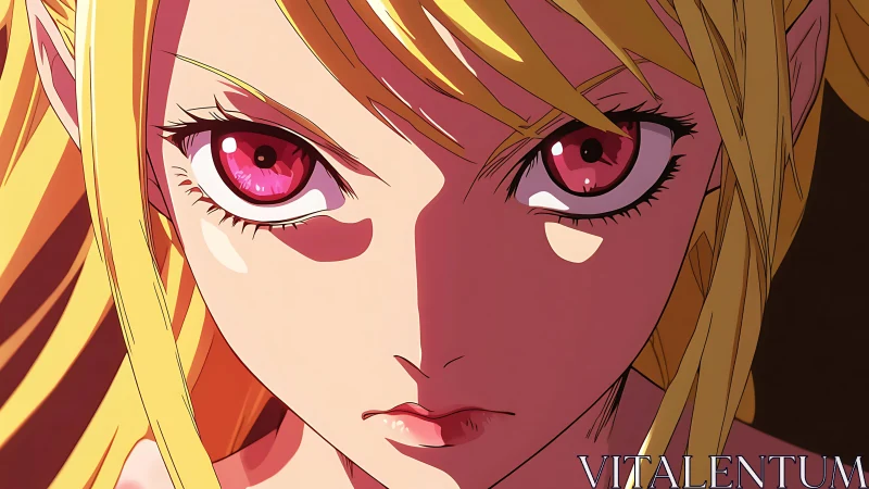 Intense anime girl portrait with sharp pink eyes and light.
