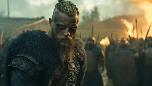Battle-hardened Viking warrior advances amid burning stronghold