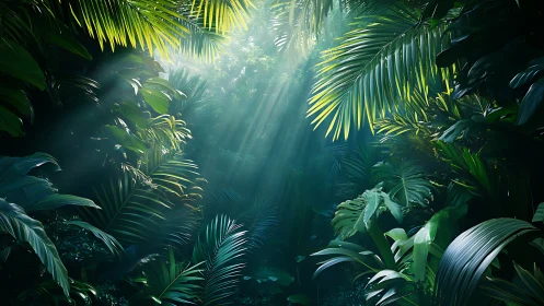 Dense Tropical Jungle Canopy With Golden Sunlight Rays.