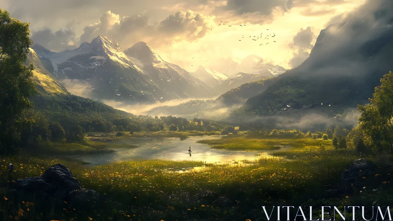 Digital painting landscape with luminous alpine valley vista.