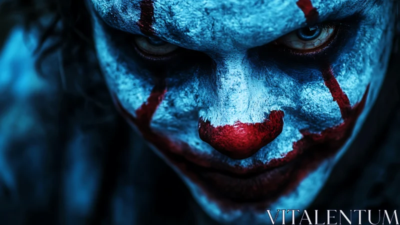 Sinister clown close-up in chilling blue-red contrast.