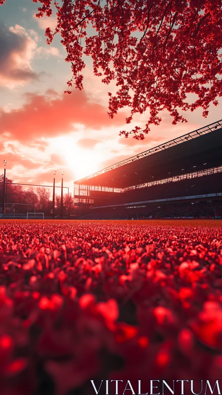 Stadium structure at sunset with red-toned foliage foreground.