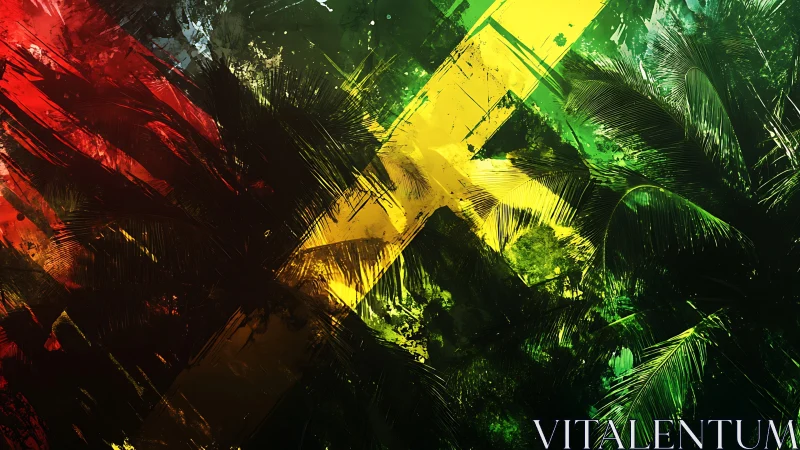Rasta-hued diagonal abstraction with tropical palm overlays.
