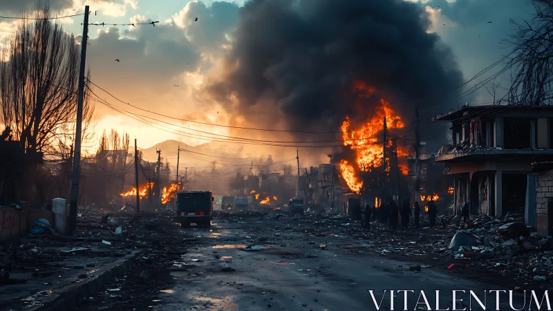 Urban war zone street engulfed by fire and heavy smoke.