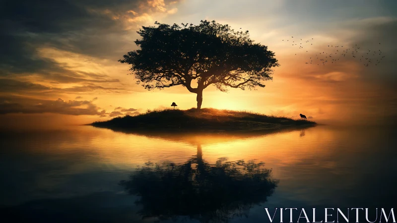 Solitary Acacia: Silhouetted Landscape with Reflected Golden Luminescence.