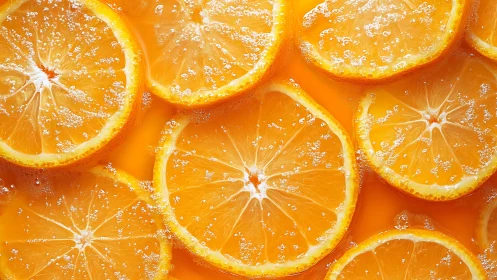 Orange slices in bright carbonated liquid close-up.