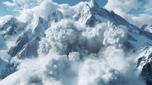 Snow-clad alpine peaks with dynamic powder avalanche impact.