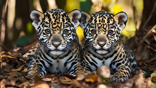 Twin juvenile jaguars with intricate rosette patterning and pronounced facial features