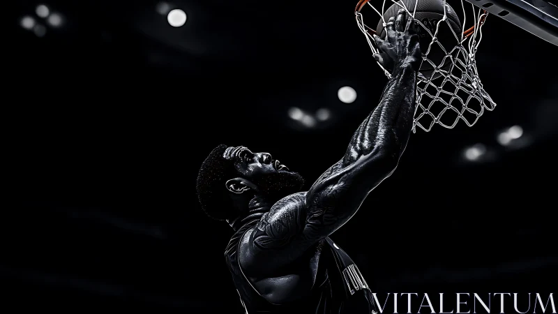 High-contrast courtside dunk captured in dramatic low-key lighting