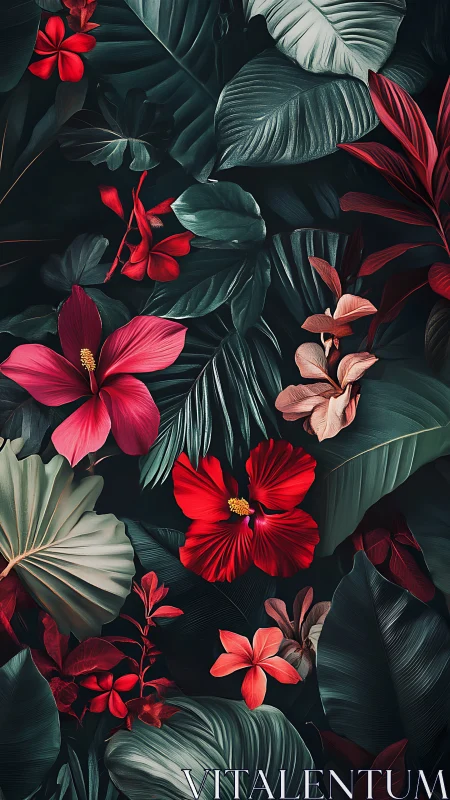 Vibrant tropical blooms amid verdant foliage create lush garden composition