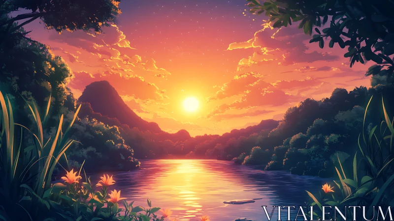 Radiant river sunset over lush mountainside valley.