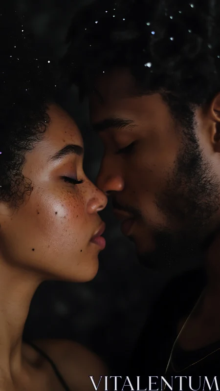 Intimate Moment. Two Faces Close in Dark Embrace.