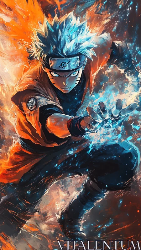 Fiery ninja unleashes blue chakra in dynamic combat charge.