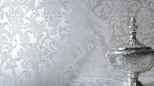 Silver damask wallpaper glows behind ornate lidded vessel