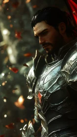 Brooding dark knight in ornate armor amid drifting embers