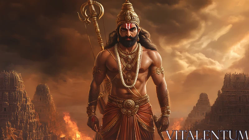 Mythic warrior figure before burning temple complex scene.