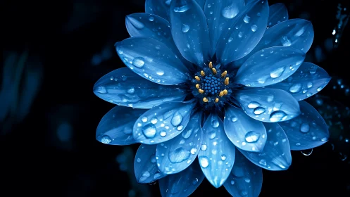 Blue Flower with Water Droplets on Dark Background