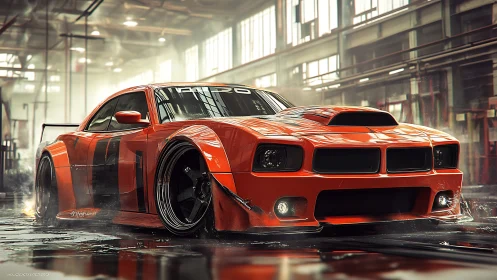 Roaring orange muscle car waits in a glossy industrial garage