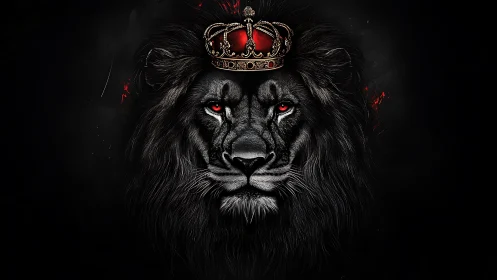 Digital painting of crowned black lion with crimson accents.