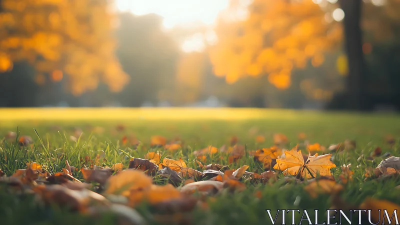 Golden autumn leaves glow softly across sunlit grass.