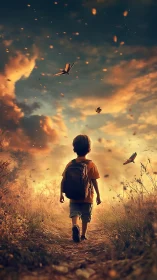 Digital painting of child walking into luminous sunset path.