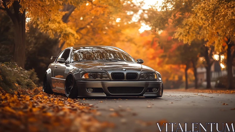 Photorealistic autumn street portrait of lowered sports sedan.