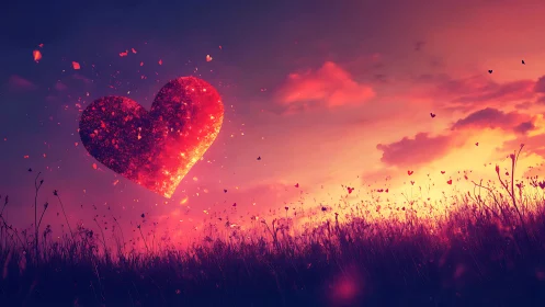 Glowing Heart Rises Over Wildflower Field at Sunset