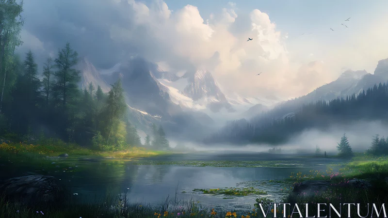 Mountain lake sits below snow peaks and dense forest