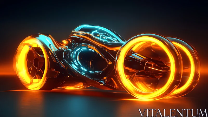 Futuristic neon light cycle with glowing orange wheels.