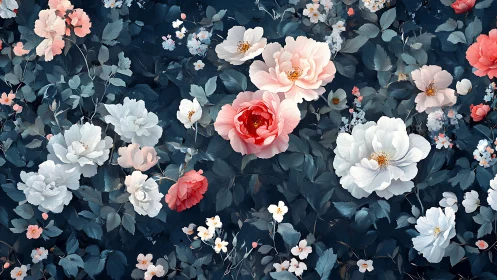 Midnight Bloom Garden: Roses Dancing Against Deep Teal.