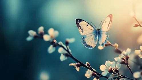White butterfly on flowering branch in soft backlit scene.