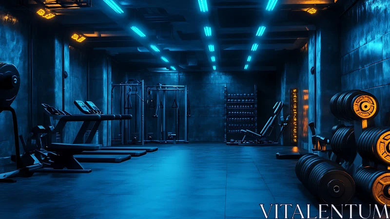 Neon blue industrial gym interior with strength training gear