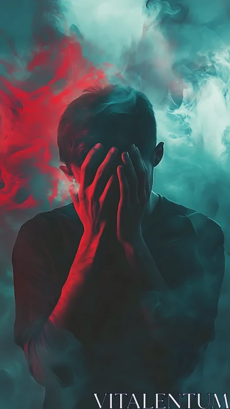 Silhouetted figure hides face amid red and teal smoke