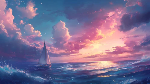 Sailboat crossing glowing ocean at vivid sunset sky.