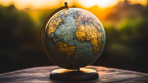 Vintage world globe on wooden table at sunset.