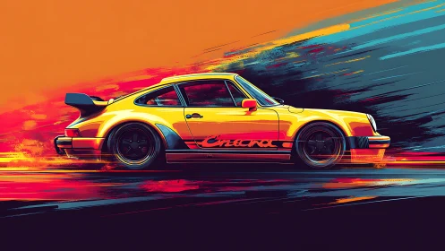 Retro racing coupe slices neon dusk in vivid motion.