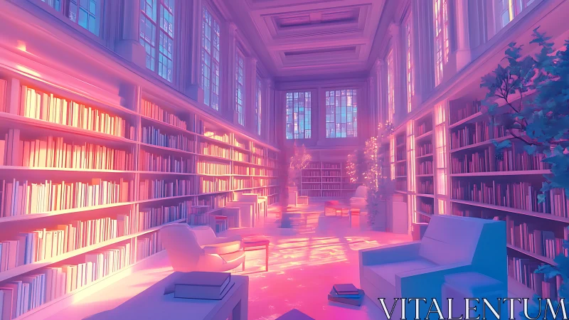 Dreamlit library hall washed in neon-pastel sunlight glow.