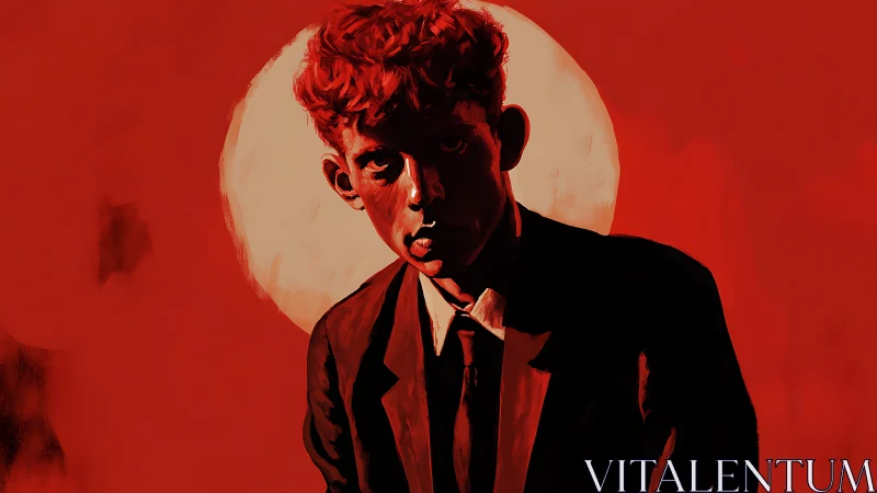 Crimson portrait of suited man against stark circular backlight.