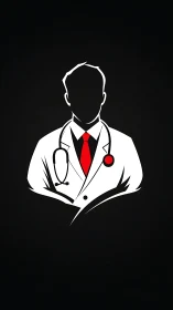 Crimson necktie doctor silhouette on midnight clinic void.