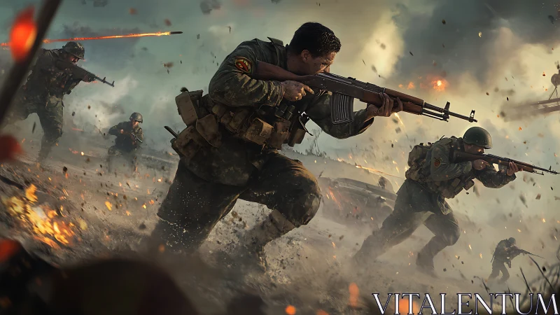 Digital depiction shows infantry soldiers advancing under fire
