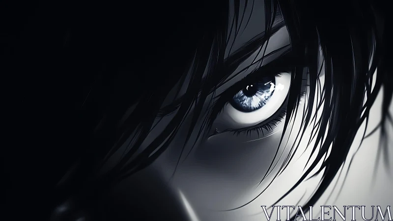 Glistening anime eye in shadowed monochrome close-up portrait.
