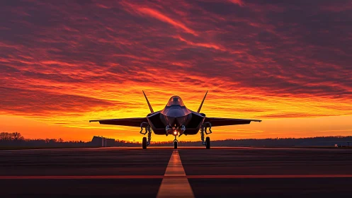 Stealth tactical jet on runway axis under stratified sunrise sky.