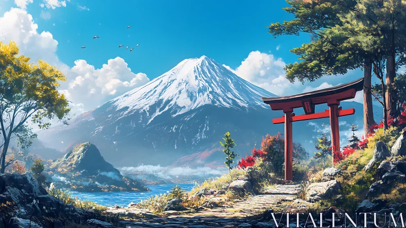 Torii-framed alpine landscape with luminous Mount Fuji summit.