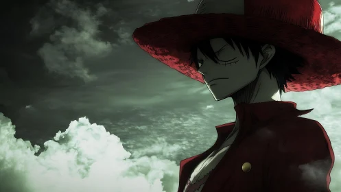 Backlit anime sailor in red hat framed against dramatic clouds