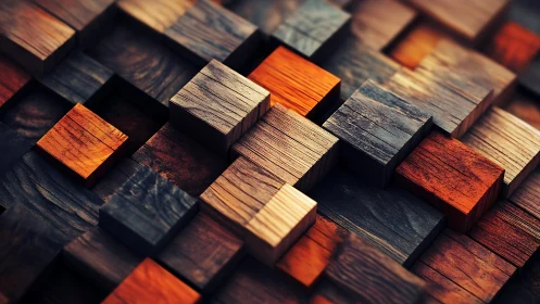 Stacked wooden cubes form layered geometric surface pattern