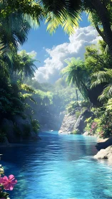 Lush tropical river winds through sunlit jungle sanctuary.