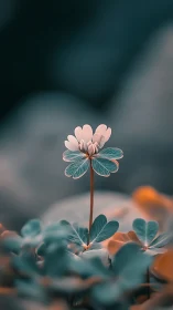 Single clover blossom quietly rises in a dreamy soft garden