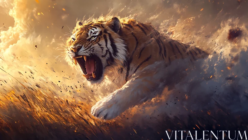 Ferocious tiger charge through embers in dynamic lighting.