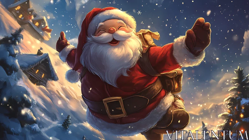 Cheerful Santa Claus in snowy village winter night scene.