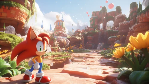 Cartoon hedgehog explores lush canyon fantasy landscape.
